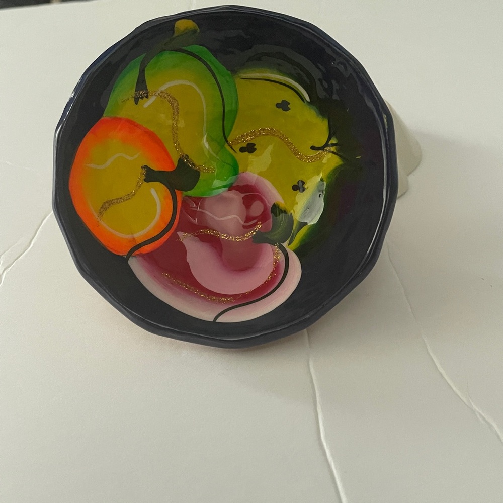 Colorful Hand Painted Glazed Trinket 3 footed bowl/dish Multi Colored